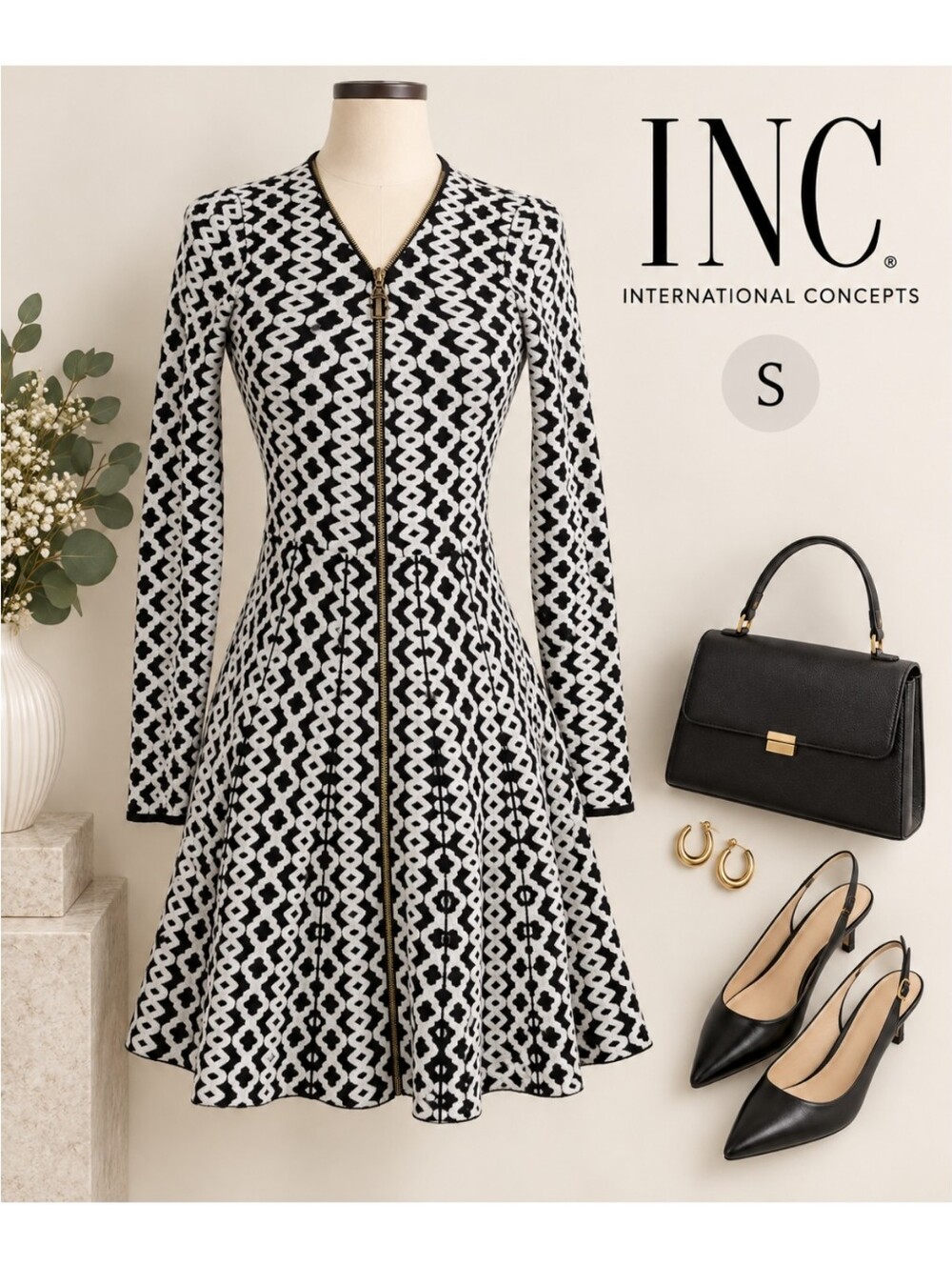 EUC INC International Concepts Black & White Geo Print Zip-Front Dress, Small